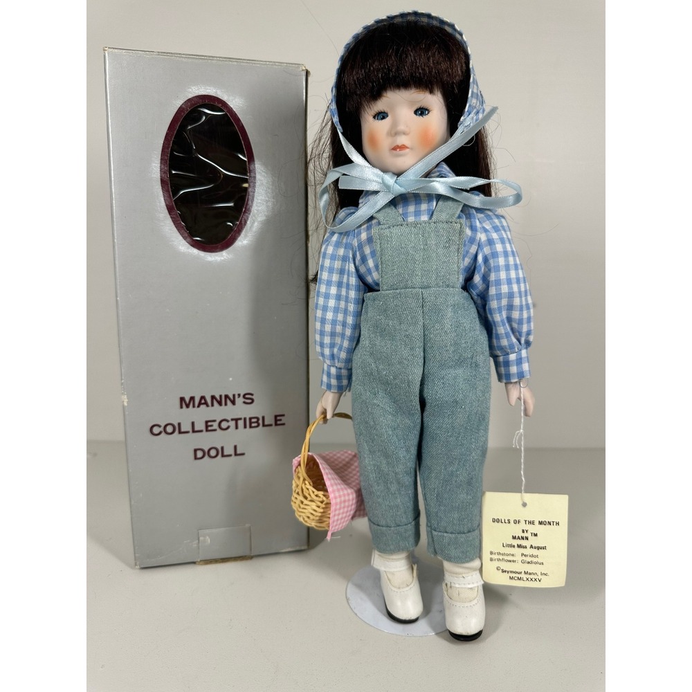 VTG 1988 Mann's Collectible Doll‎ Little Miss August Porcelain Doll with Basket